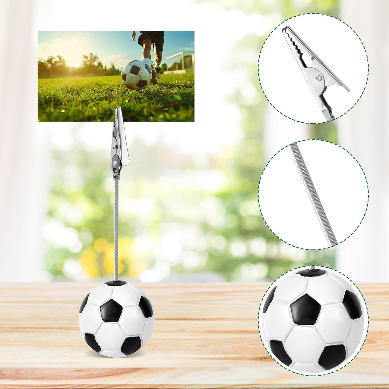 12pcs Resin Ball Base Memo Clips, Table Card Holders with Alligator Clips Table Picture Holder Place Card Stands Table Number Card Photo Holders for Sports Wedding Party Office Decor (Soccer)