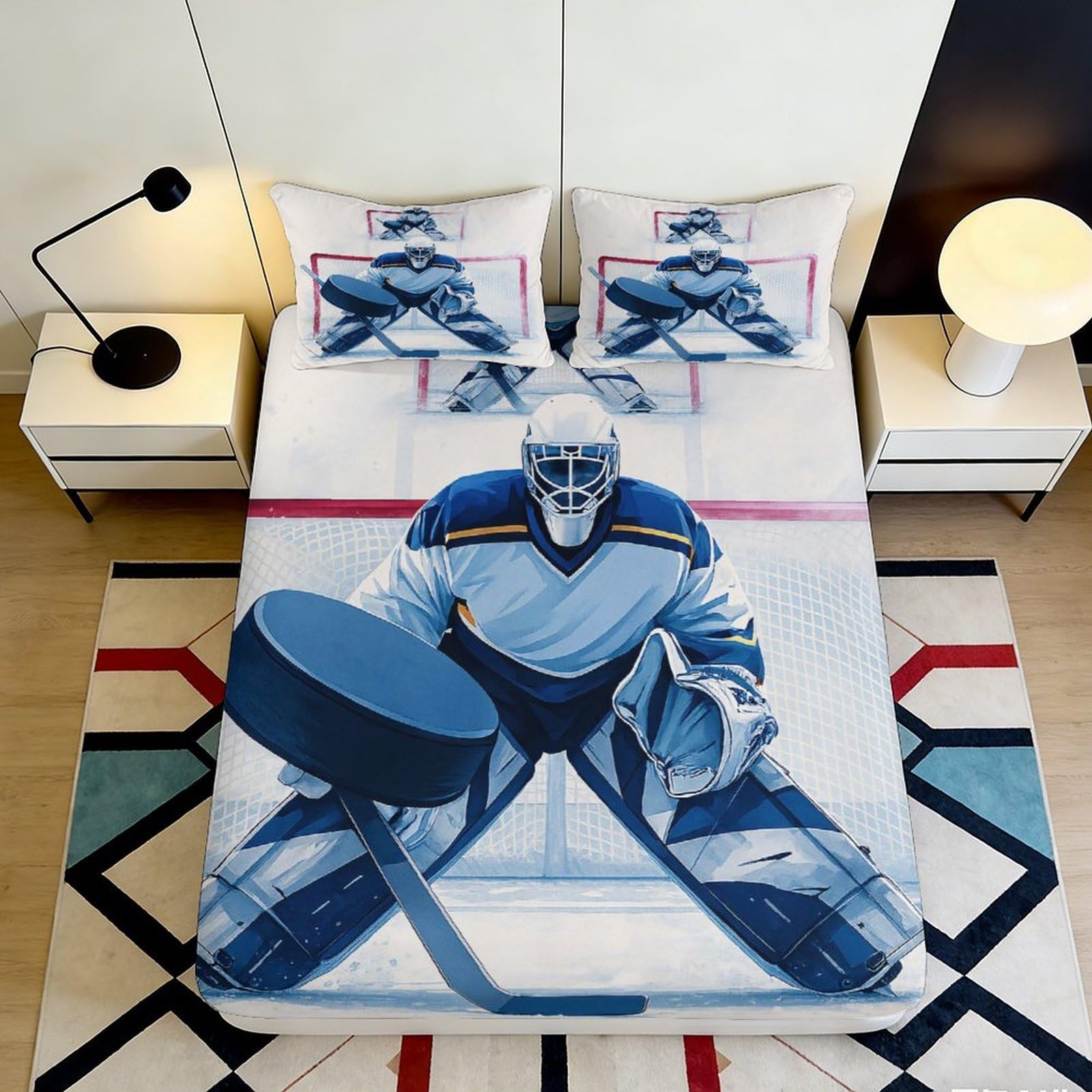3D Printed Hockey Goalie Fitted Sheet Microfiber Soft Anti-Slip Ice Rink Bed Cover for Bedroom Dorm Decoration 90x200x25cm