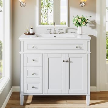 Tribesigns 36 Inch Bathroom Vanity with Sink, Modern Bathroom Cabinet with 3 Drawers & 2 Doors, Freestanding Single Sink Bath Storage with Solid Wood Frame, Adjustable Shelves, Paint Surface White
