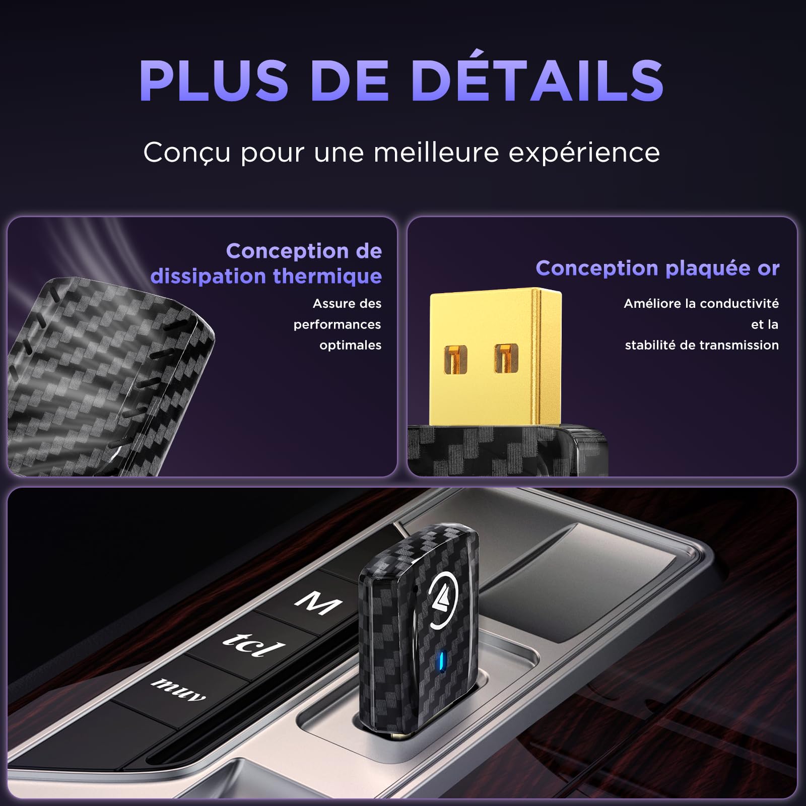 MSXTTLY Adaptateur CarPlay sans Fil Android Auto - U2AC-01 Transforme CarPlay & Android Auto Filaire en sans Fil, Compatible avec iPhone 12–17 Pro Max & Android 11+, USB-C/A, Noir
