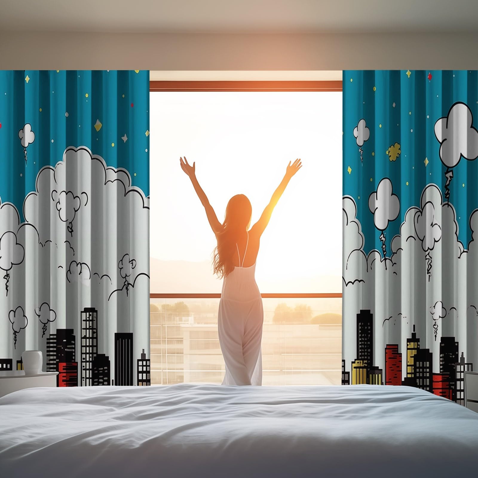 Rideau Occultant 140L X 250H cm (2 Panneaux) Rideaux Opaque Doux, Rideau Imprimé BD Horizon Urbain Nuages Thermiques Anti Chaleur pour Salon Chambre Fenetre Cuisine - Coloré