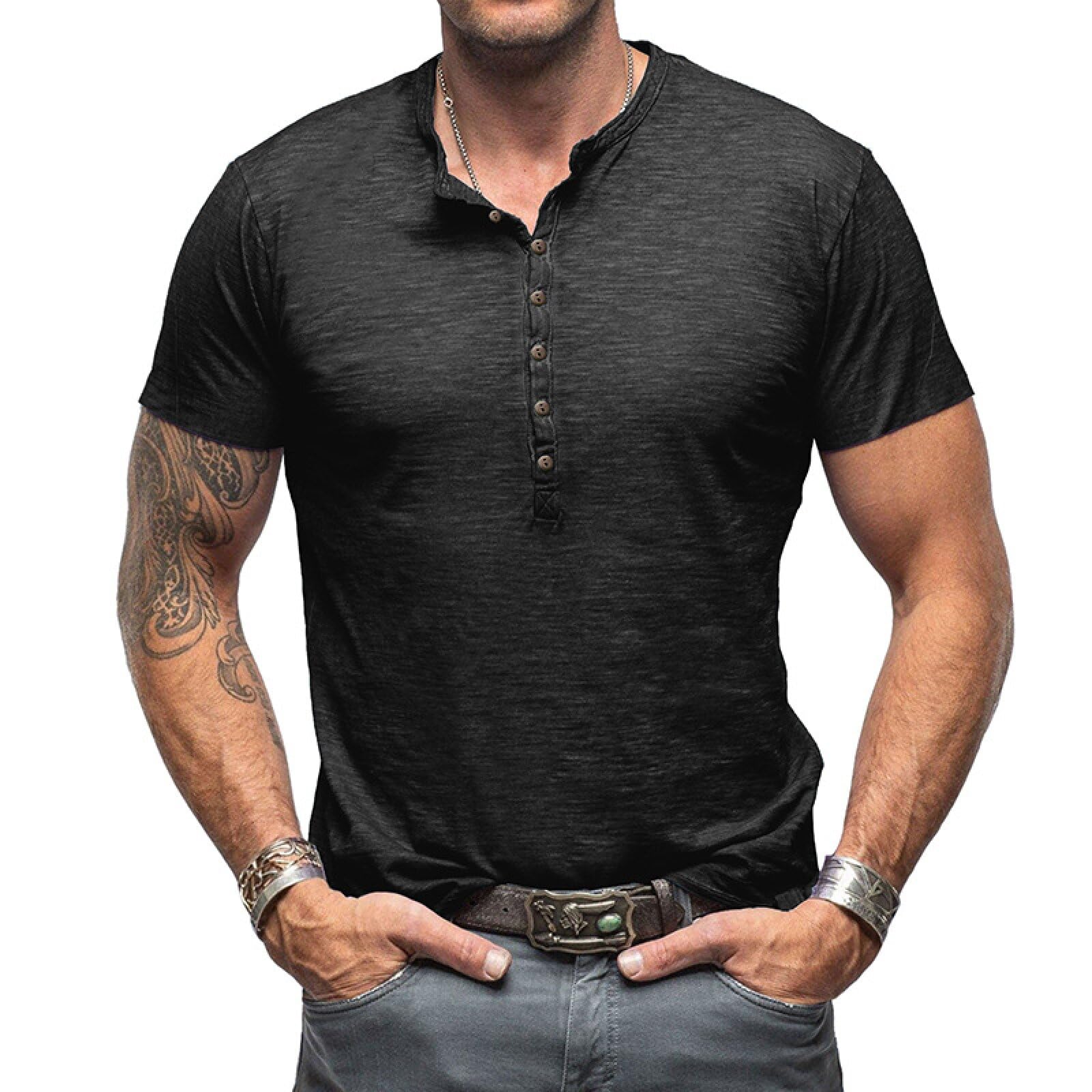 Henley Shirt Herren Kurzarm T-Shirts für Herren V Ausschnitt Vintage Slim Fit Kurzarm Knopf T-Shirt Schwarz 3XL