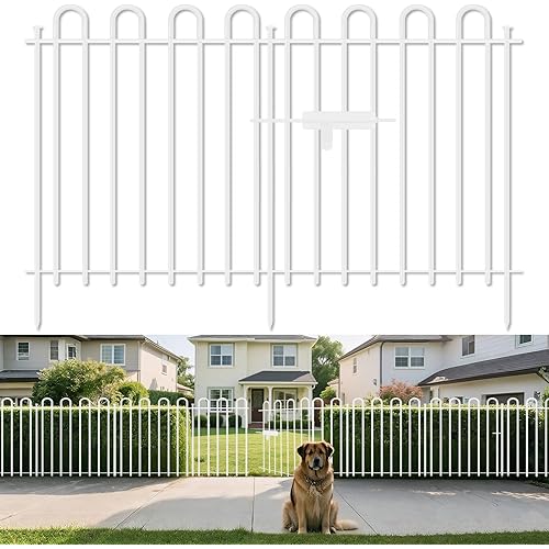 10 Panels Decorative Garden Fence with Gate, 32 in (H) x 21.6 ft (L) Metal Thick Tube No Dig Dog Fence Outdoor for Yard, Rustproof Tall Animal Barrier Fencing, Garden Edging Border for Yard, White