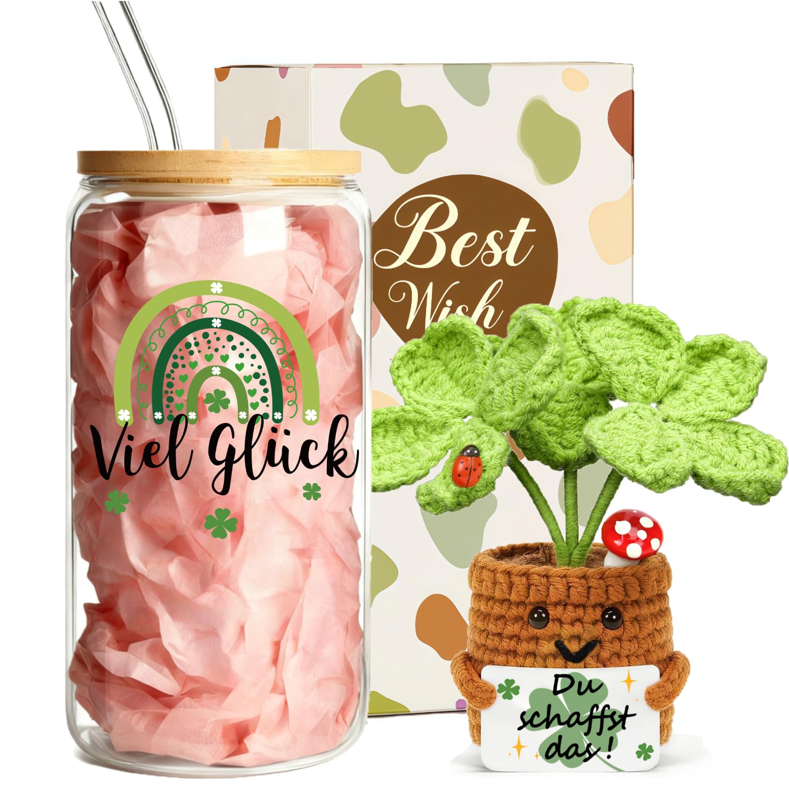Kleiner Glücksbringer Prüfung,Postive Mutmacher Glücksbringer Geschenke für Operation/Neuer Job,Du Schaffst Das Geschenk Mit Vierblättrige Kleeblatt/Trinkgläser, Viel Glück Gute Besserung Geschenke