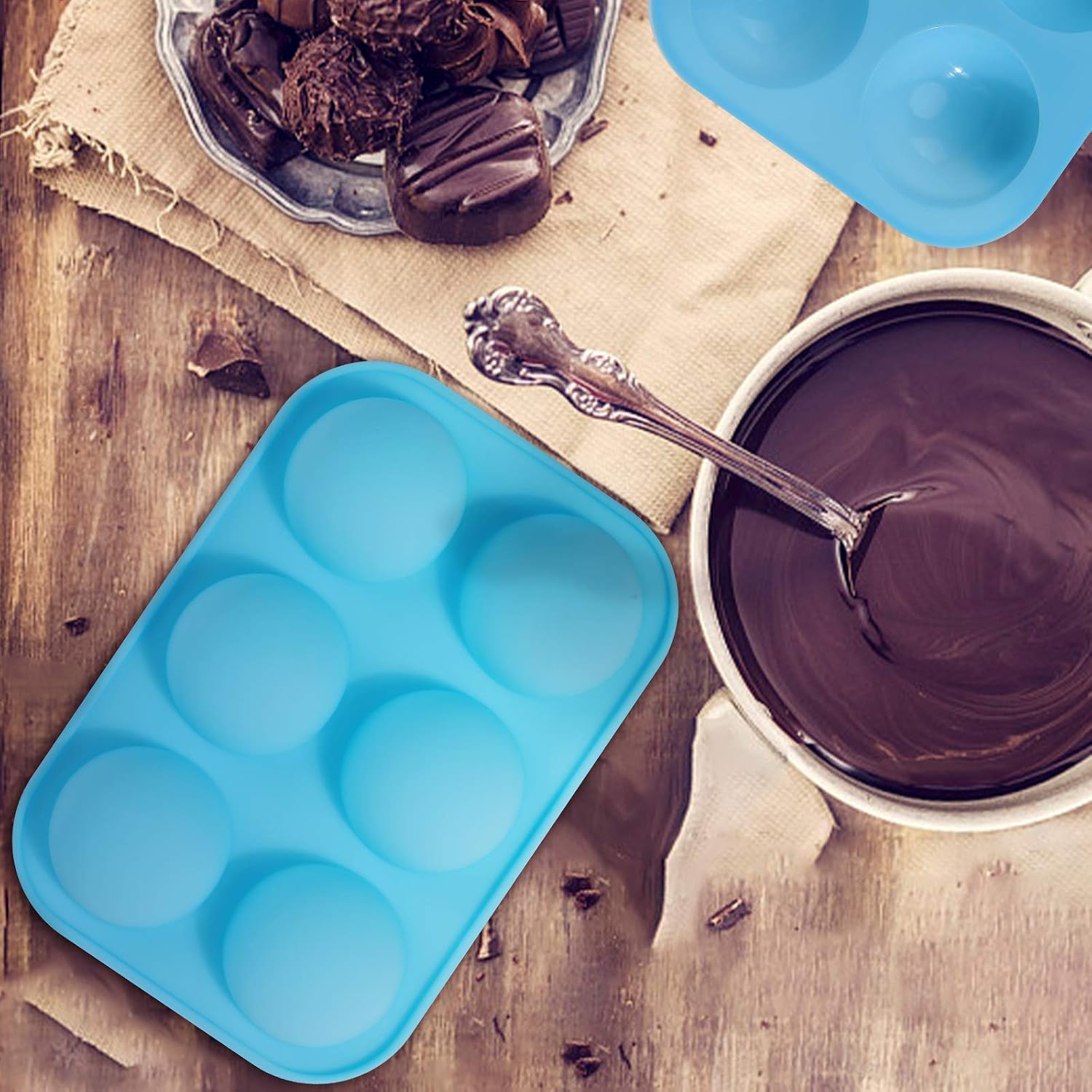 Medium 6-Cavity Semi Sphere Silicone Mold 3pc Cocoa Chocolate Bombs Molds for Chocolate, Candy, Cake, Jelly, Mousse Making Blue