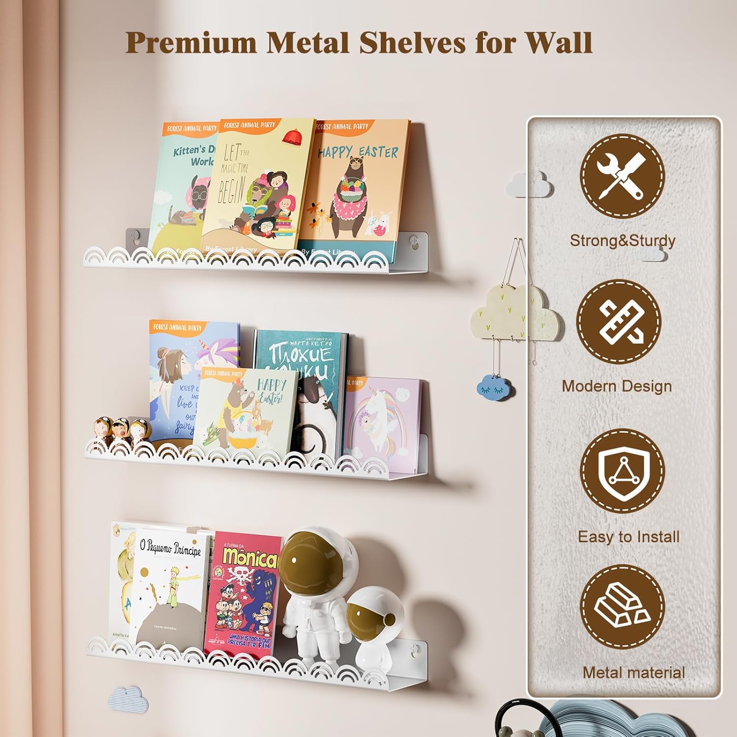 Nursery Book Shelves, Metal Floating Shelves for Wall 6 Pack, White Scalloped Shelf, Wall Mounted Book Shelf for Kids Rooms, Baby Bookcase, Nursery Decor.
