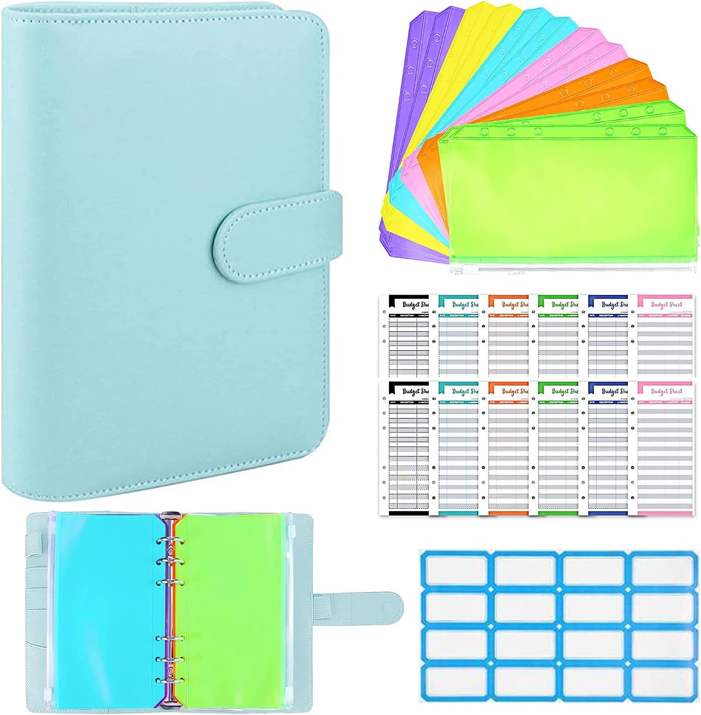 A6 Budget Binder with Zipper Envelopes, Cash Envelopes for Budgeting with 12 Binder Pockets, 12pcs Expense Budget Sheets and 16pcs Sticker Labels , Money Binder Organizer for Cash Savings (Blue) : Office Products