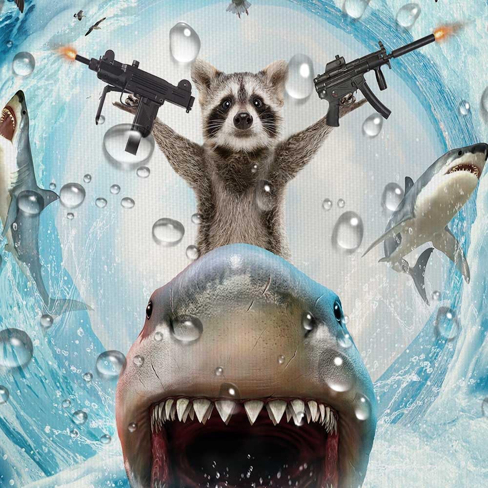 Funny Animal Shower Curtain, Cute Raccoons Ride Shark Ocean Waves Shower Curtain with Hooks, Nautical Coastal Fabric Bathroom Curtain 69W X 78L Inch