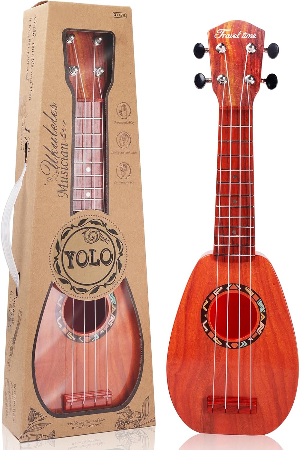 yoloplus+ 17 inch kids ukulele guitar toy 4 strings mini children musical instruments educational learning toy for toddler beginner keep tone anti-impact can play with picks/strap/primary tutorial