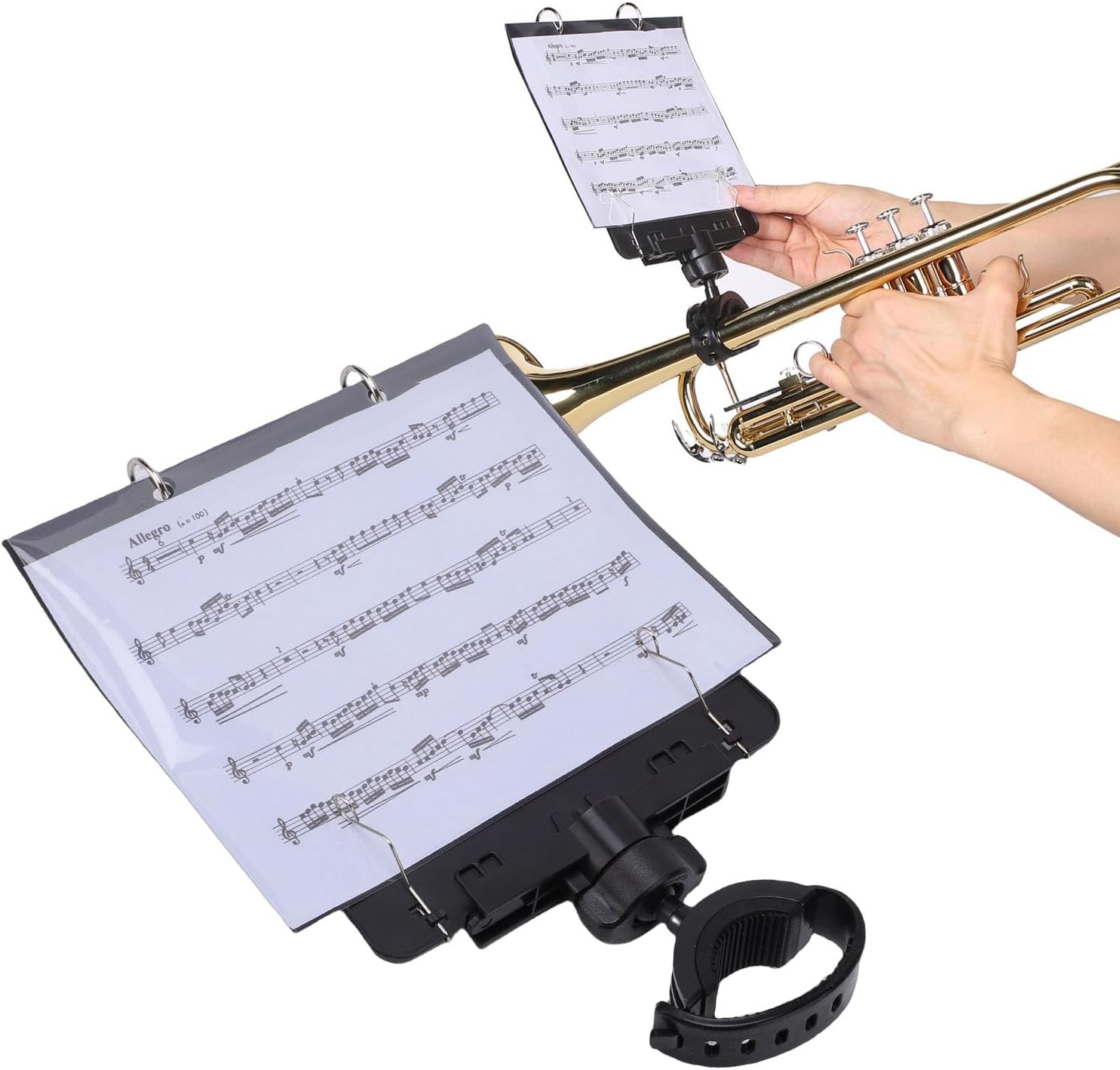 Vikye Trumpet Marching Lyre with Flip Folder, Multi Angle Adjustable Music Sheet Clamp Holder with 5 Refill Sleeves, for Marching Band Performance