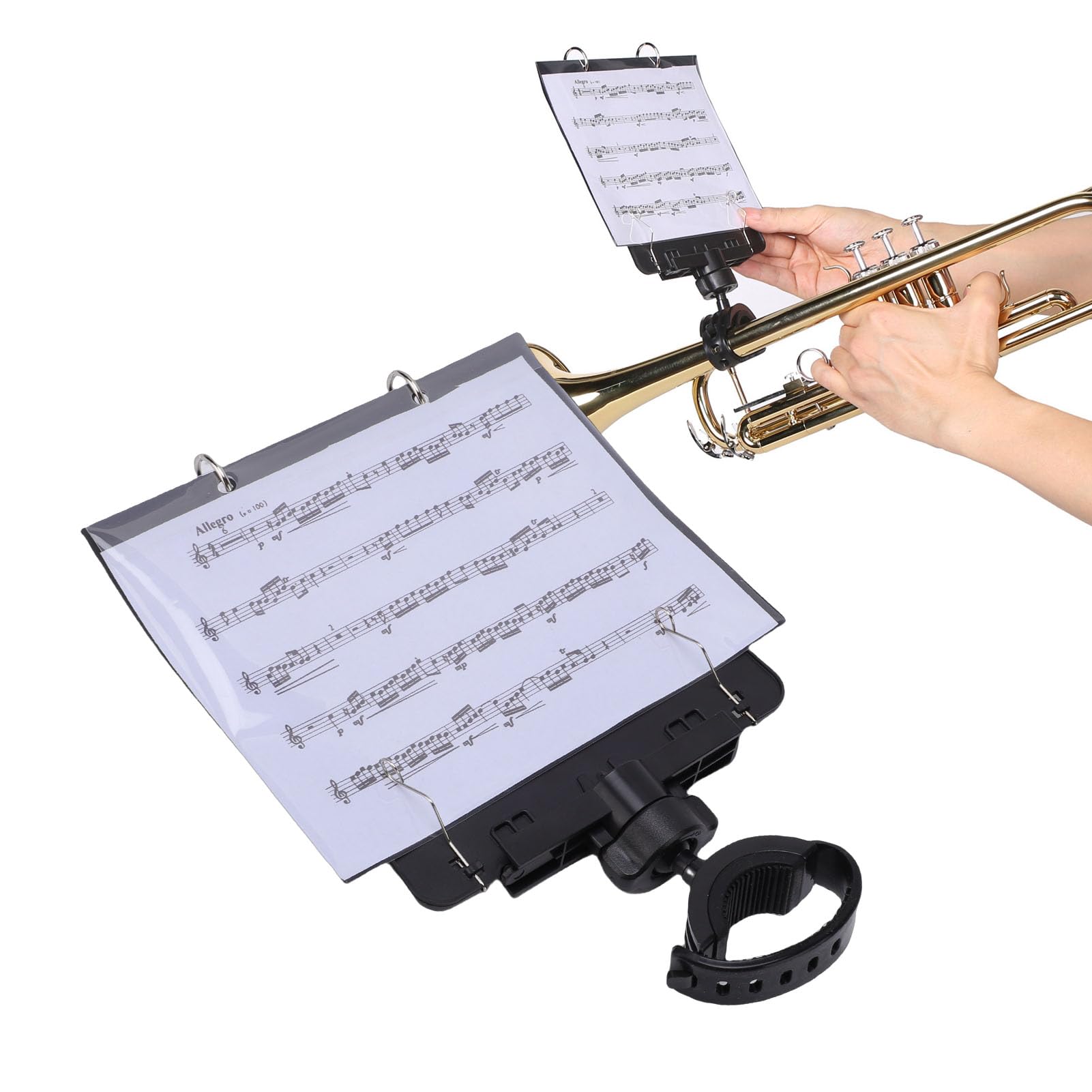 Vikye Trumpet Marching Lyre with Flip Folder, Multi Angle Adjustable Music Sheet Clamp Holder with 5 Refill Sleeves, for Marching Band Performance