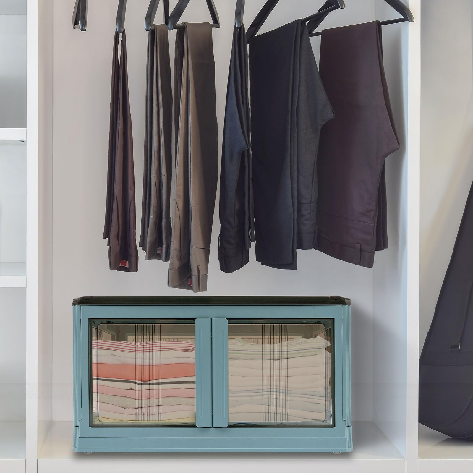 60 x 42 x 34 cm, caja de almacenamiento plegable, apilable, con tapa, transparente, estable, cesta de la compra apilable, cesta de transporte de plástico natural, cesta plegable para habitaciones y