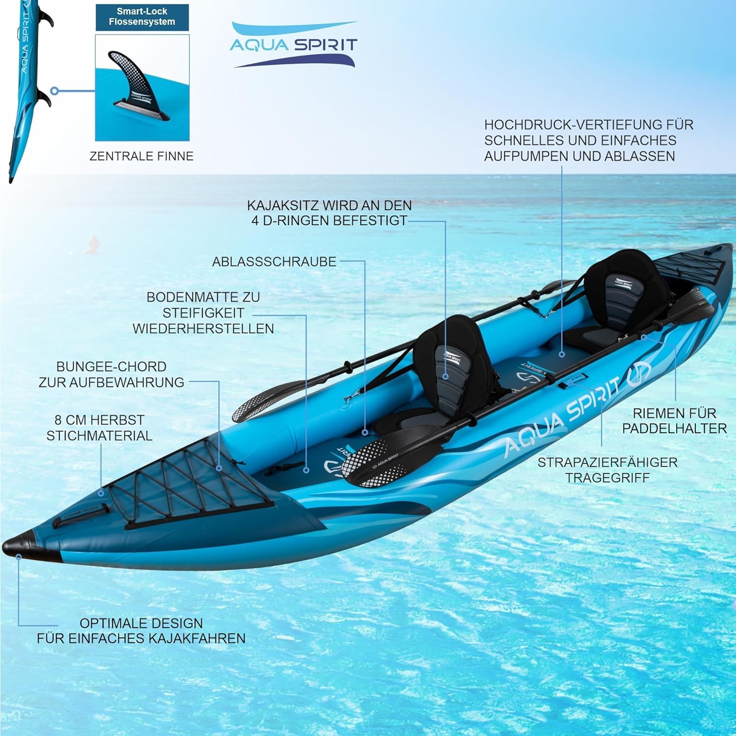 Aqua Spirit Aufblasbares Kajakbrett, 3,5 m, 1 oder 2 Personen, komplettes Kajak-Set mit Paddel, Rucksack, Doppelhubpumpe und mehr Zubehör, Erwachsene Anfänger/Experten