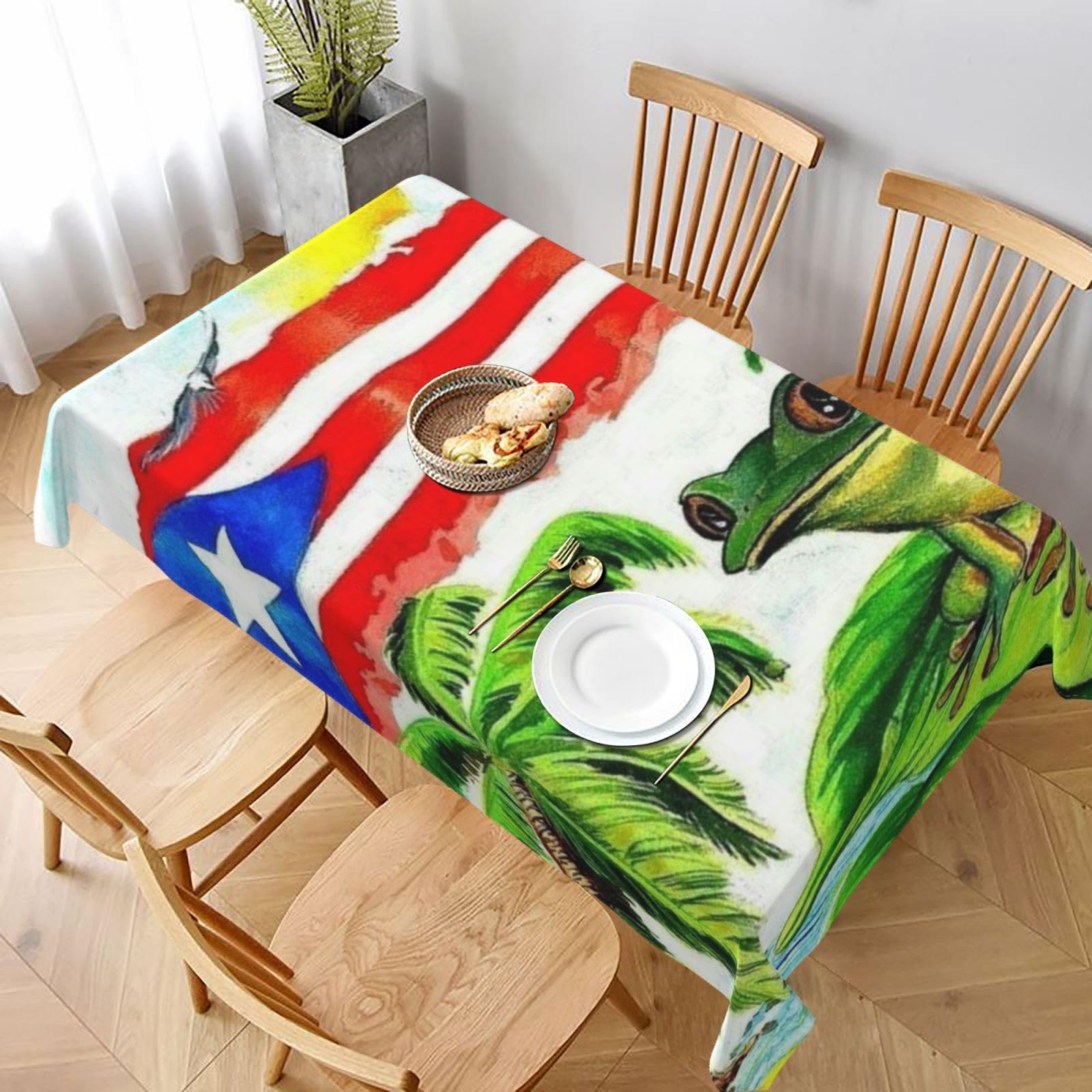 BNVSADC Puerto Rico Flag Frog Palm Trees Printed Rectangle Tablecloth 228x152 CM, Water Resistant Polyester Table Cloth Decorative Fabric Table Covers for Kitchen Dining Table Parties Camping