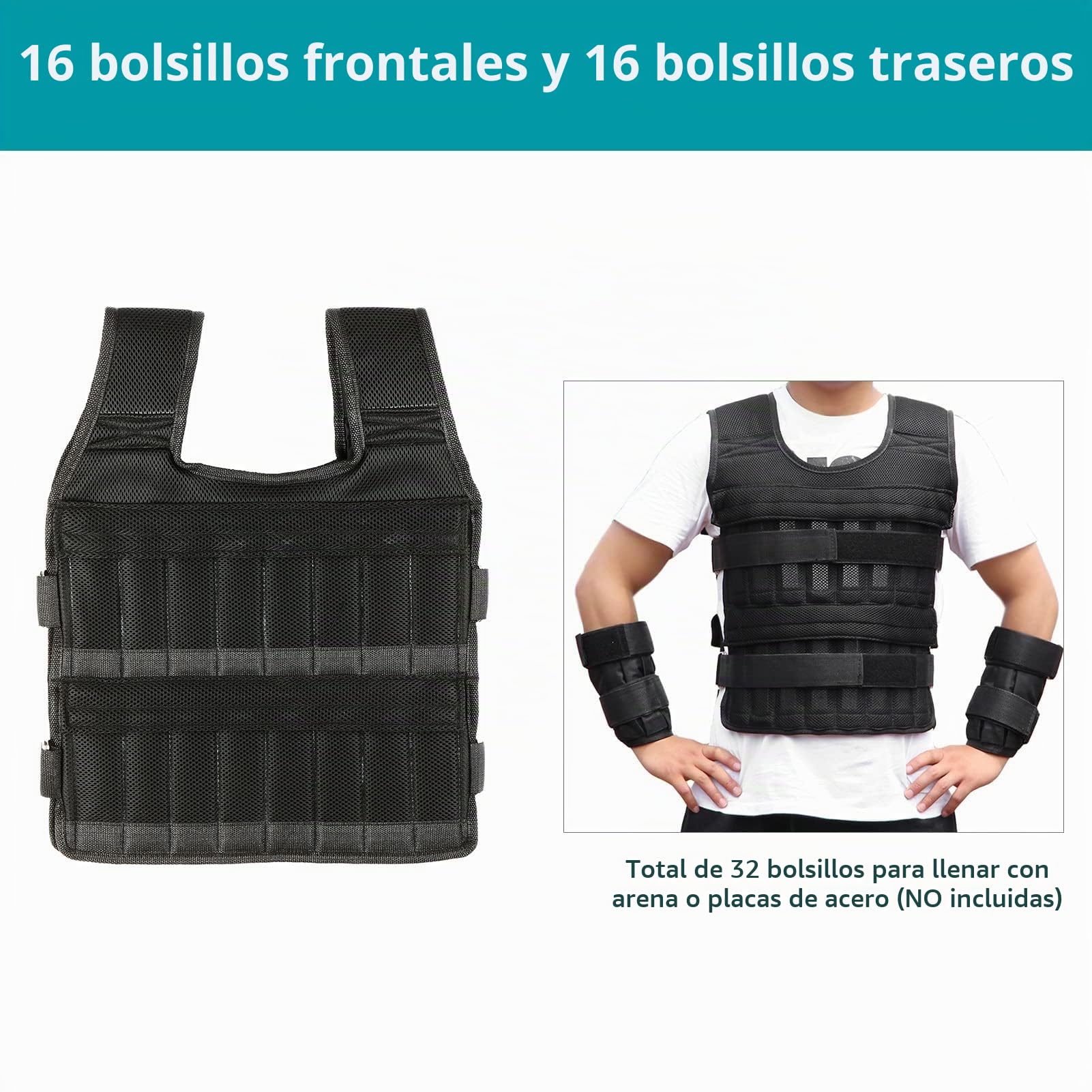 Chaleco de Pesas de 35 Kg con Pesas de 6 Kg para Piernas y Brazos de 5 Kg, Chaleco de Entrenamiento Ajustable con 32 Bolsillos, Tejido de Malla, Correas para los Hombros que (15KG)