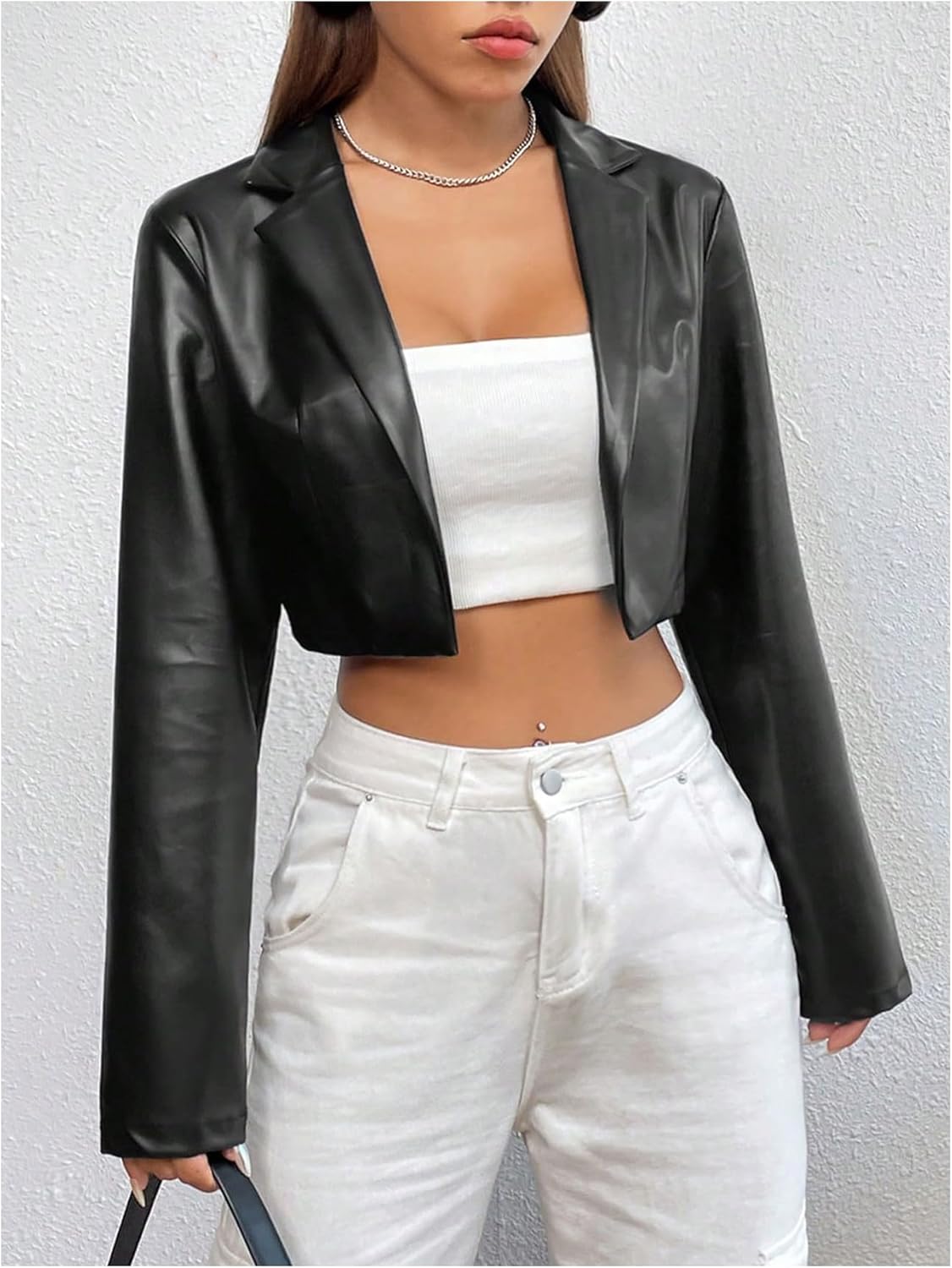 GORGLITTER Women's Cropped Faux Leather Jacket Y2k Long Sleeve Open Front Cardigan Bomber Moto Biker Jackets Rave Outfits - Image 3