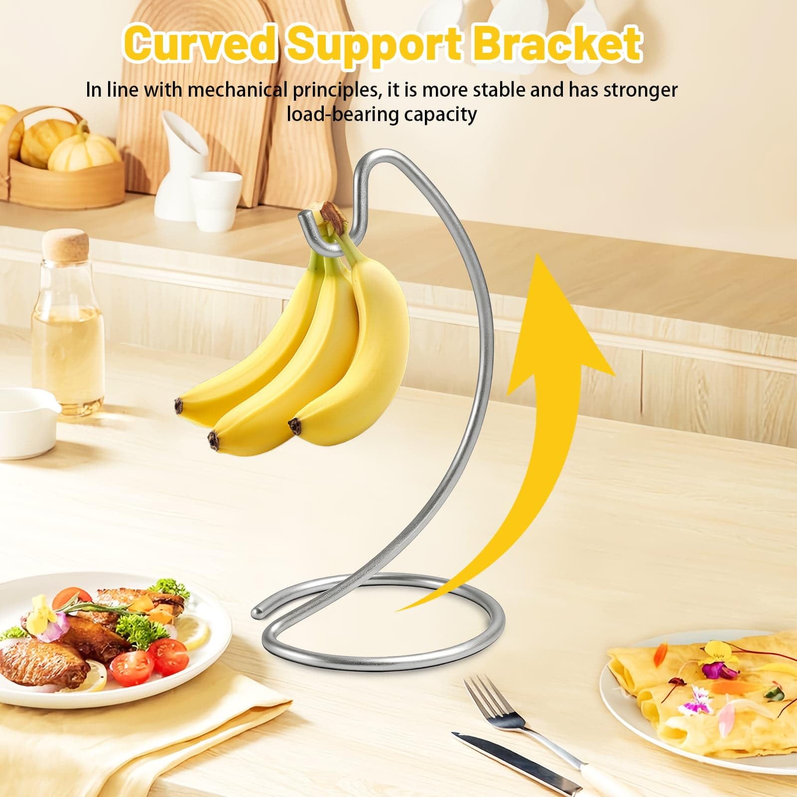 DYUEE Bananenhalter-Ständer – moderner Bananenaufhänger, Metall-Bananenaufhänger, Baumständer, Haken für Küche, Arbeitsplatte, um Bananen frisch zu halten, für 6,8 kg (Silber)