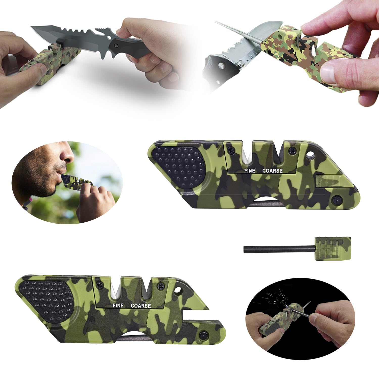 VIRO 6-in-1 Pocket Knife Sharpener& Survival Tool Outdoor Hunting Knife & Hook Sharpener, Handheld, Compact, Lightweight, Multi Use(Camouflage Army Green)