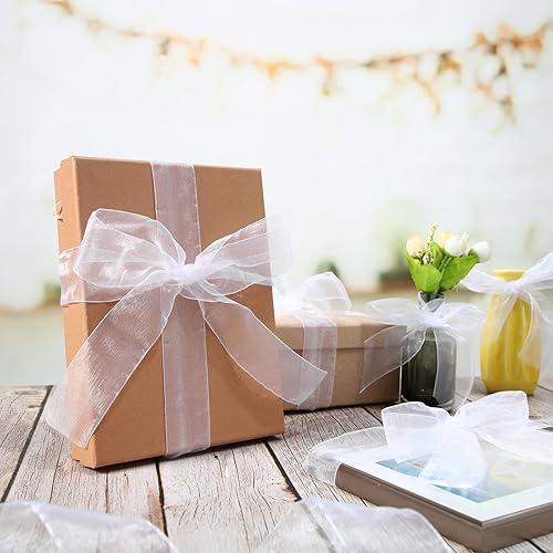 Vista 3 de Outus Outus - Cinta de organza transparente brillante para envolver regalos, cinta de gasa transparente, cinta de tul de malla (blanco, 1.6 pulgadas)