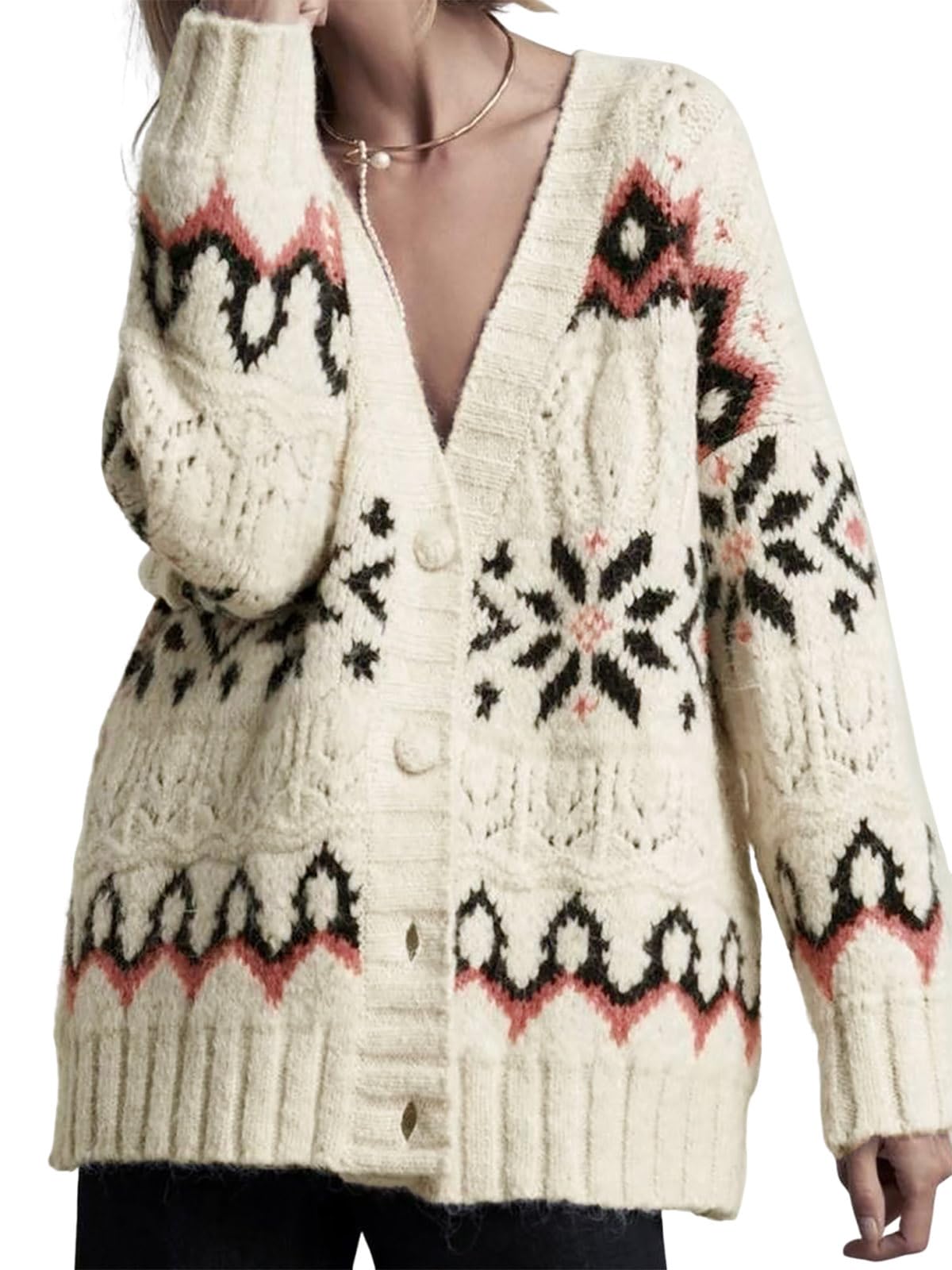 utcoco Christmas Sweater for Women Contrast Snowflake Button Down Cardigans Color Block Cable Knit Sweater Coats
