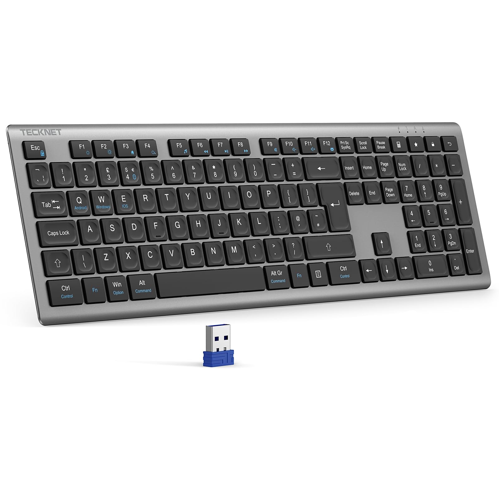 TECKNET Wireless Keyboard,Rechargeable 2.4GHz Silent Keyboard, Scissor Keys for Comfort & Stability, Full Size keyboard wireless with Numpad & Hotkeys for PC/Laptop/Desktop, UK QWERTY Layout
