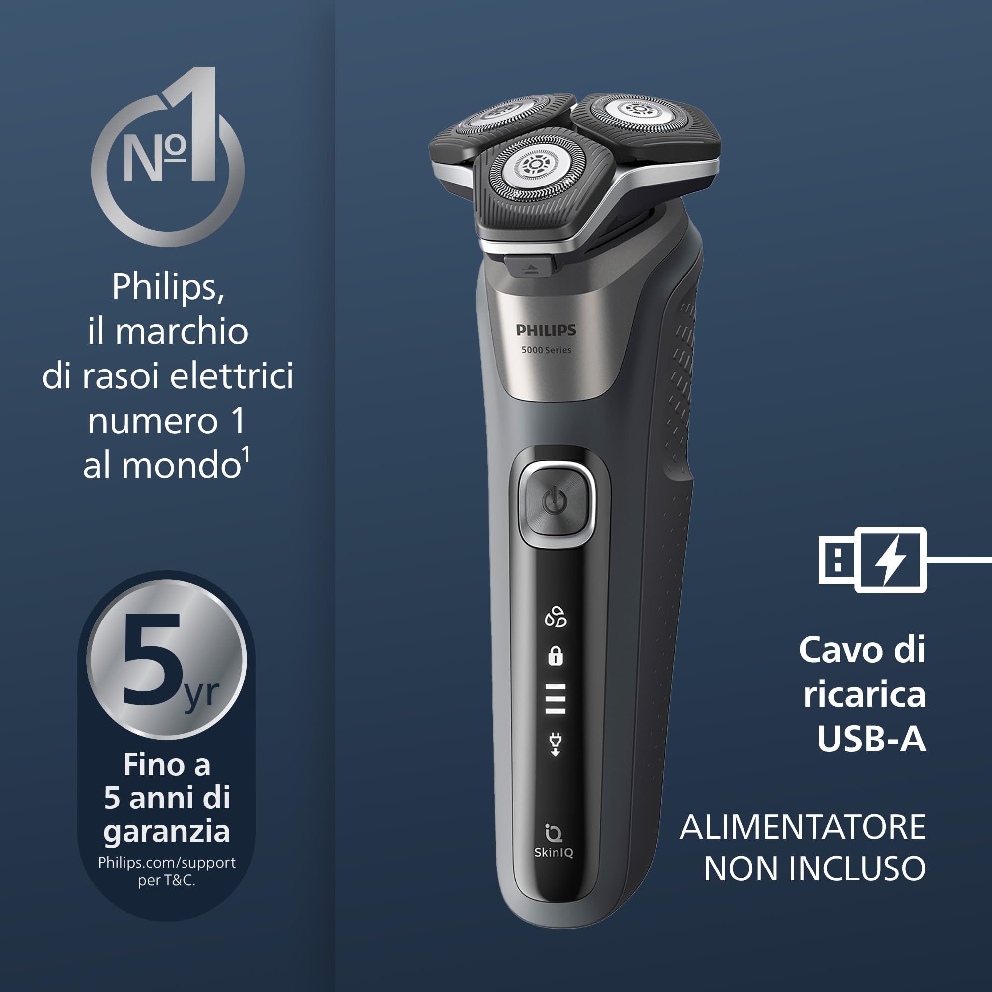 Rasoio elettrico Philips S5000 - Rasoio elettrico Wet & Dry in grigio carbonio con 1 rifinitore a scomparsa, astuccio morbido, cappuccio di protezione e supporto di ricarica (modello S5887/13)
