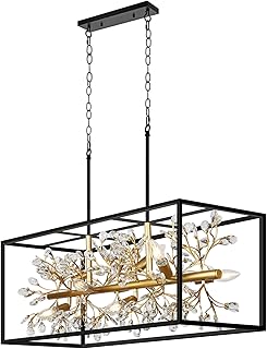 Large Black and Gold Rectangle Chandelier, 8-Light Modern Farmhouse Dining Room Light Fixtures Over