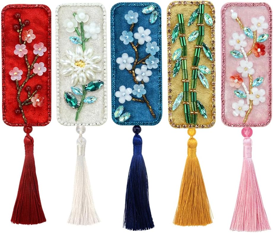 Handmade Floral Beaded Bookmark with Tassels Flower for Unique Book Reading Lovers Sewing Clothes Waist Ornament (Mix 5pieces)