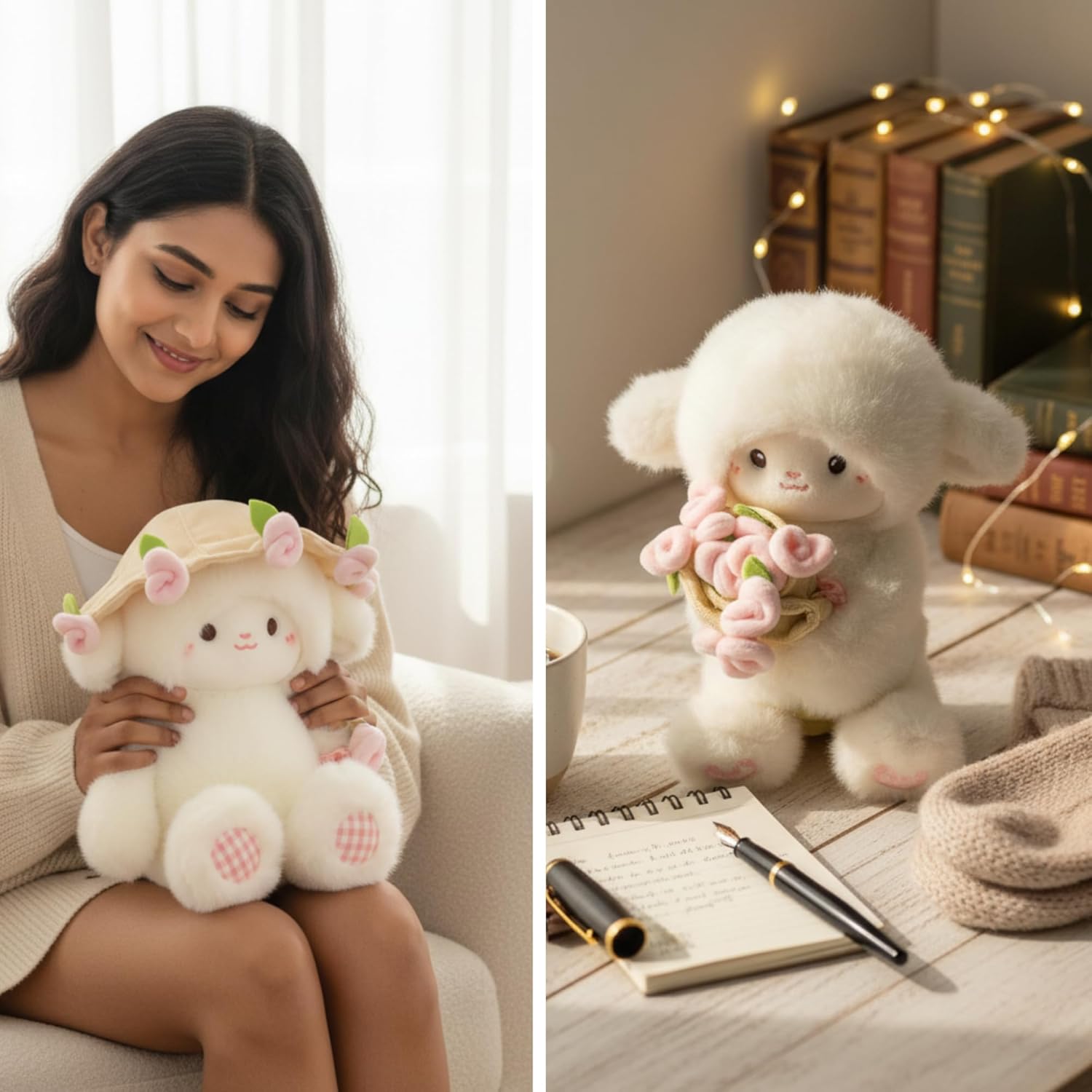 Baby Sheep Bouqet, Rose Bouquet Plush Sheep with Detachable Flower Hat, Rose Lamb - Adorable Bouquet Plush, Emotional Support Plushie Gift for Valentines