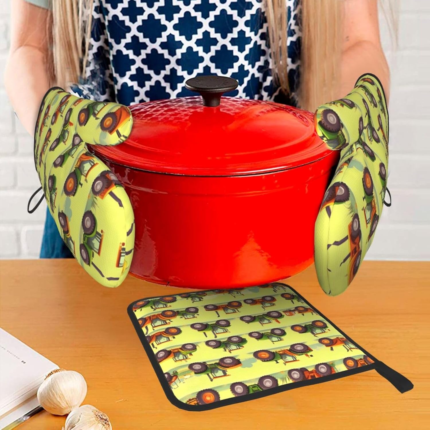 Green Fields Farming Machine Print Heat Resistant Microwave Gloves, Used for Baking, Cooking, and Fashion Kitchen Essentials