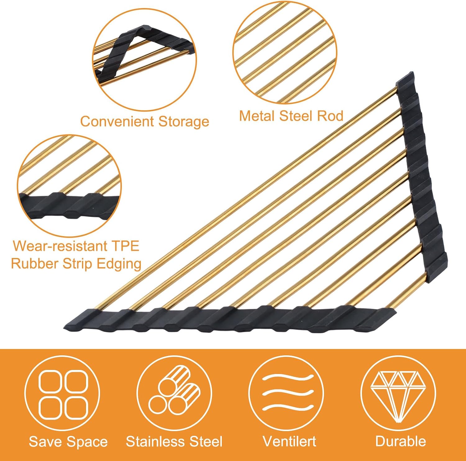 MOROBOR Triangle Roll Up Dish Drying Rack, 1 Pack Stainless Steel Heat-Resistant Sink Drain Rack Multifunctional Foldable Storage Racks Anti-Slip Dish Drainer for Kitchen Counter/Black & Gold