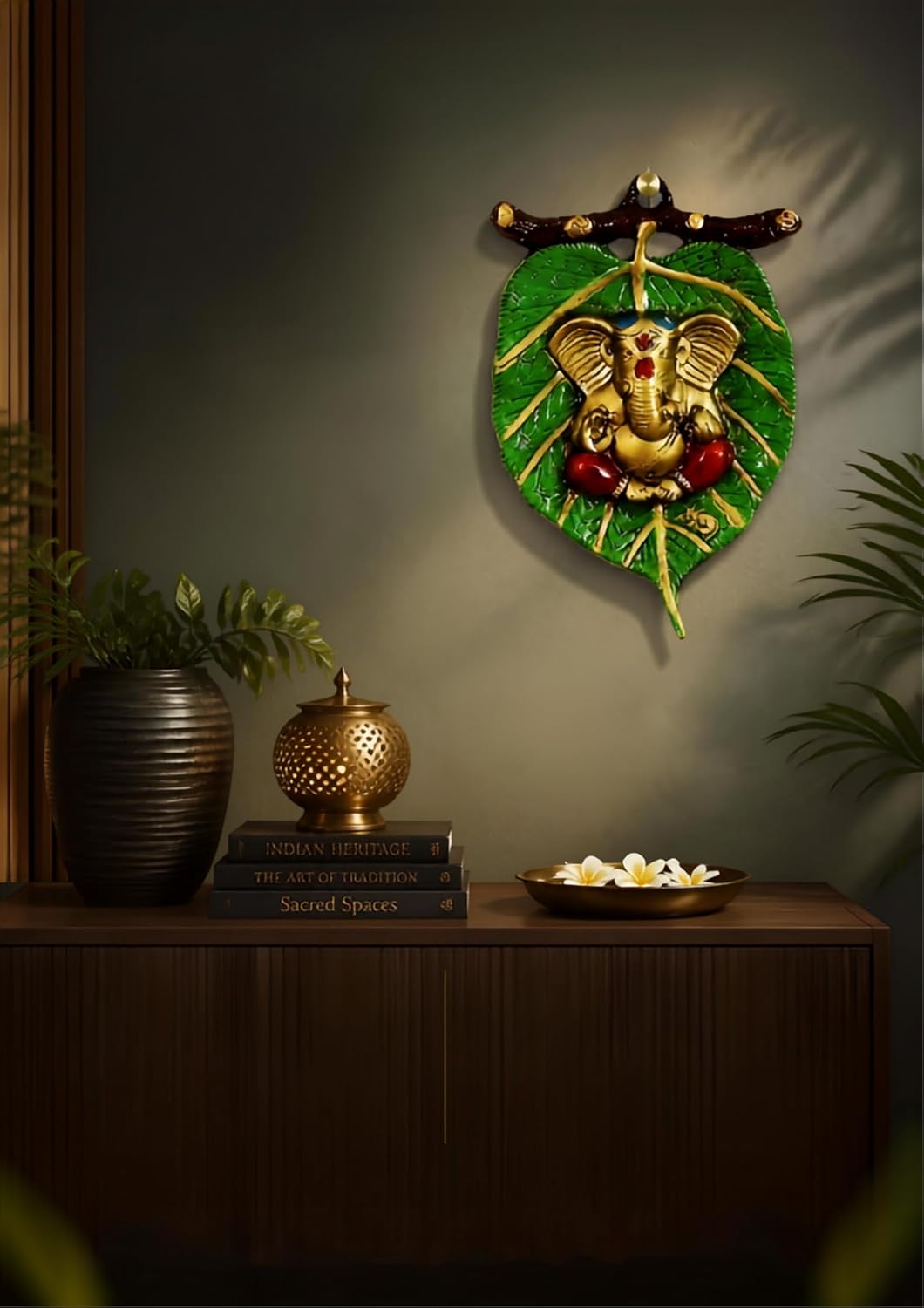 Rasakraft Metal Golden Lord Ganesha In Red Dhoti On Green Leaf Ganesha Wall Hanging | Decorative Showpiece for Wall Decor & Home Decor image 3