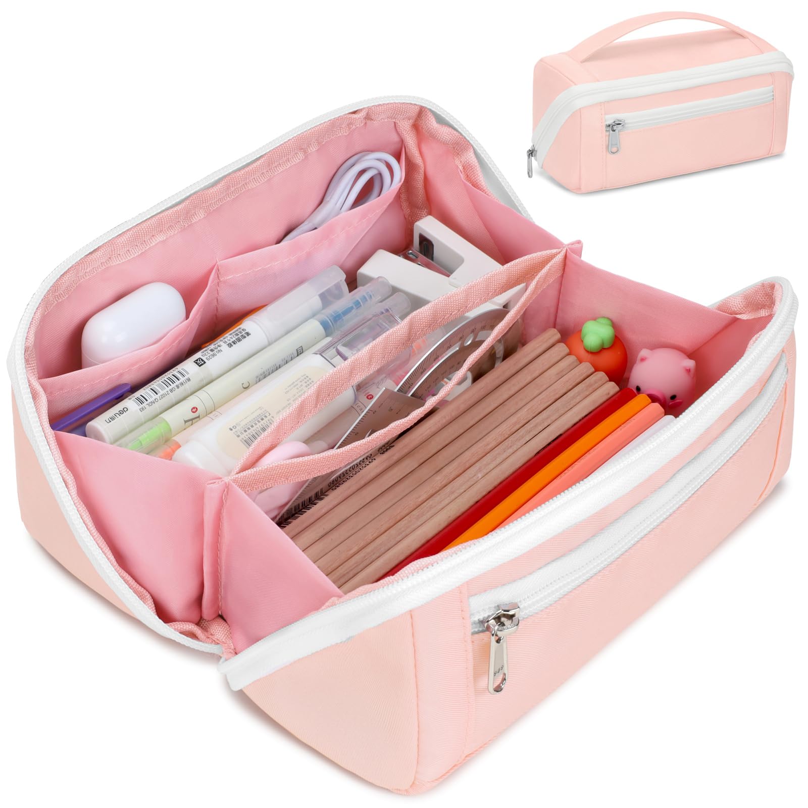 Large Capacity Pencil Case - Pencil Pouch for Teen Girls, Aesthetic Pouch Organizer with 8 Compartments, Wide Opening Marker Bag for Middle High School College, Fits Calculator, Pink