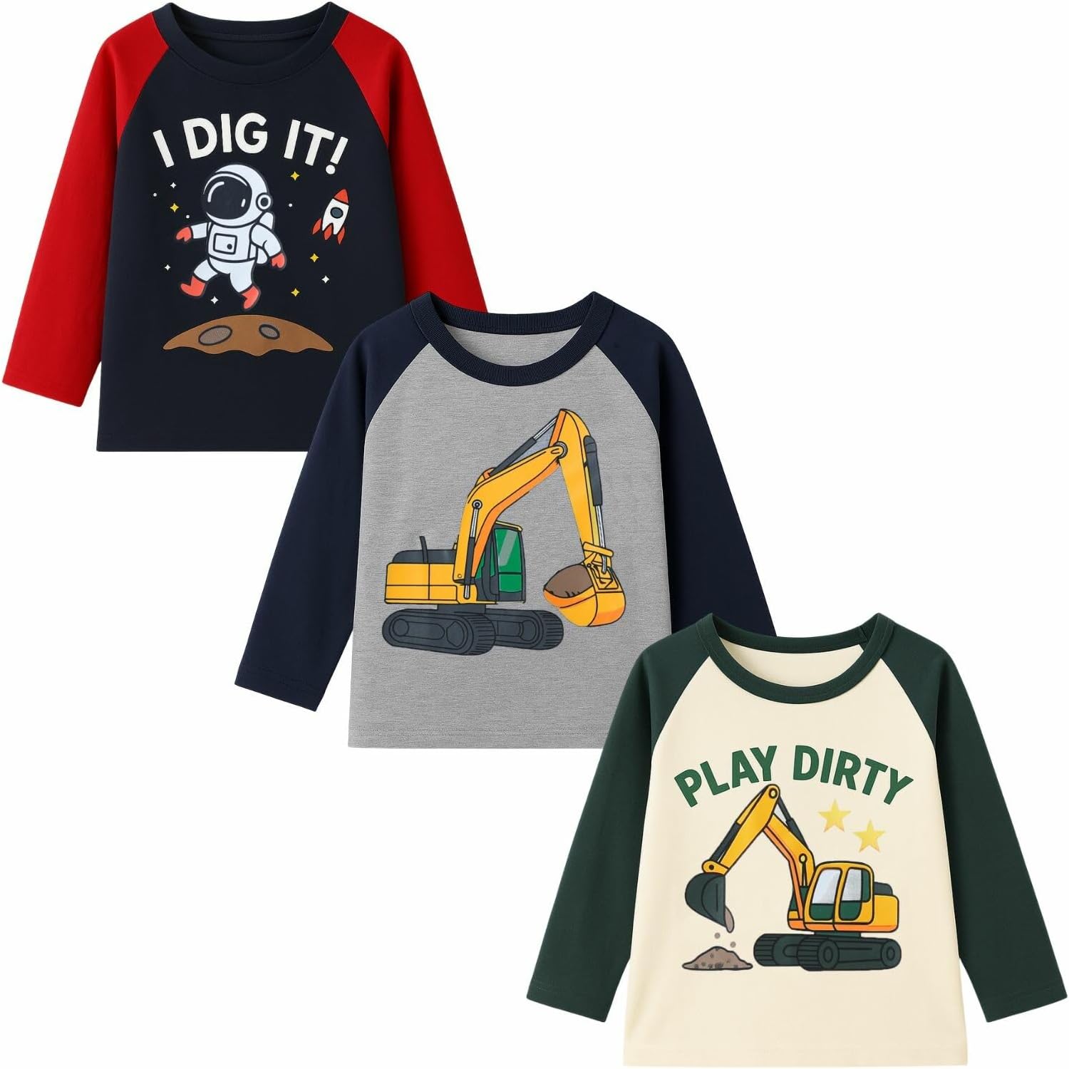 HILEELANG Toddler Boys Long Sleeve Shirts Graphic Cotton Casual Crewneck Tops, Fall Winter Layering Tees 3 Pack,2–7 Years