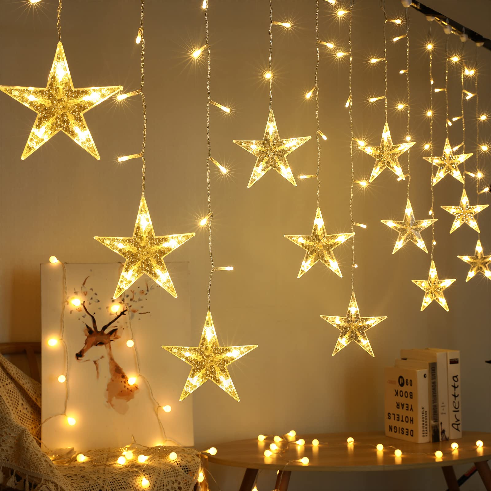 BLOOMWIN Lichtervorhang Stern Lichterkettenvorhang USB 8Modi Stimmungslichter Weihnachtsbeleuchtung für Fenster Tür Innen Sternenvorhang Warmweiß (Packung mit 2)