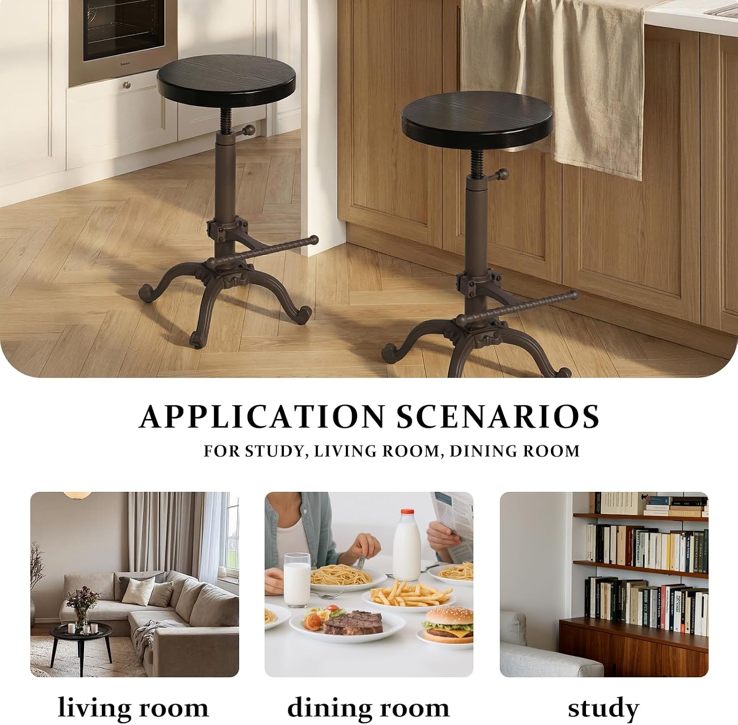 Industrial Counter Stools, 22-26inch Height Adjustable, Rustic Kitchen Island Stool, Vintage Breakfast Dinner Chair, Heavy Duty Cast Iron and Solid Walnut Seat