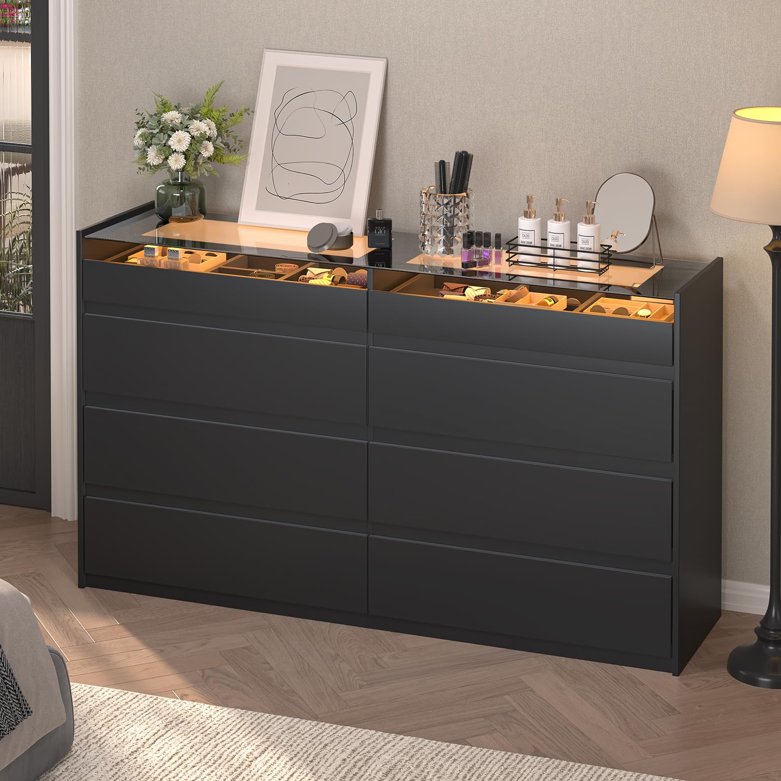 Amazon.com: ZORPLIX 8 Drawer Dresser for Bedroom with Glass Top & LED Light, Black