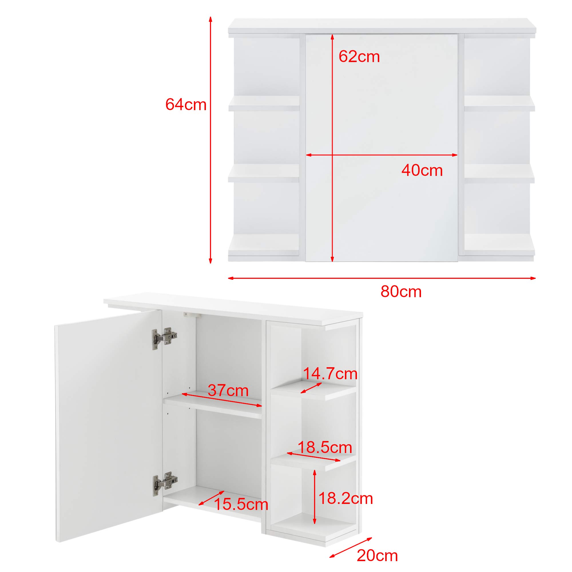 [en.casa] Mueble de Pared para Baño 64 x 80 x 20 cm Armario Colgante de Almacenamiento con Espejo Auxiliar de Baño Blanco