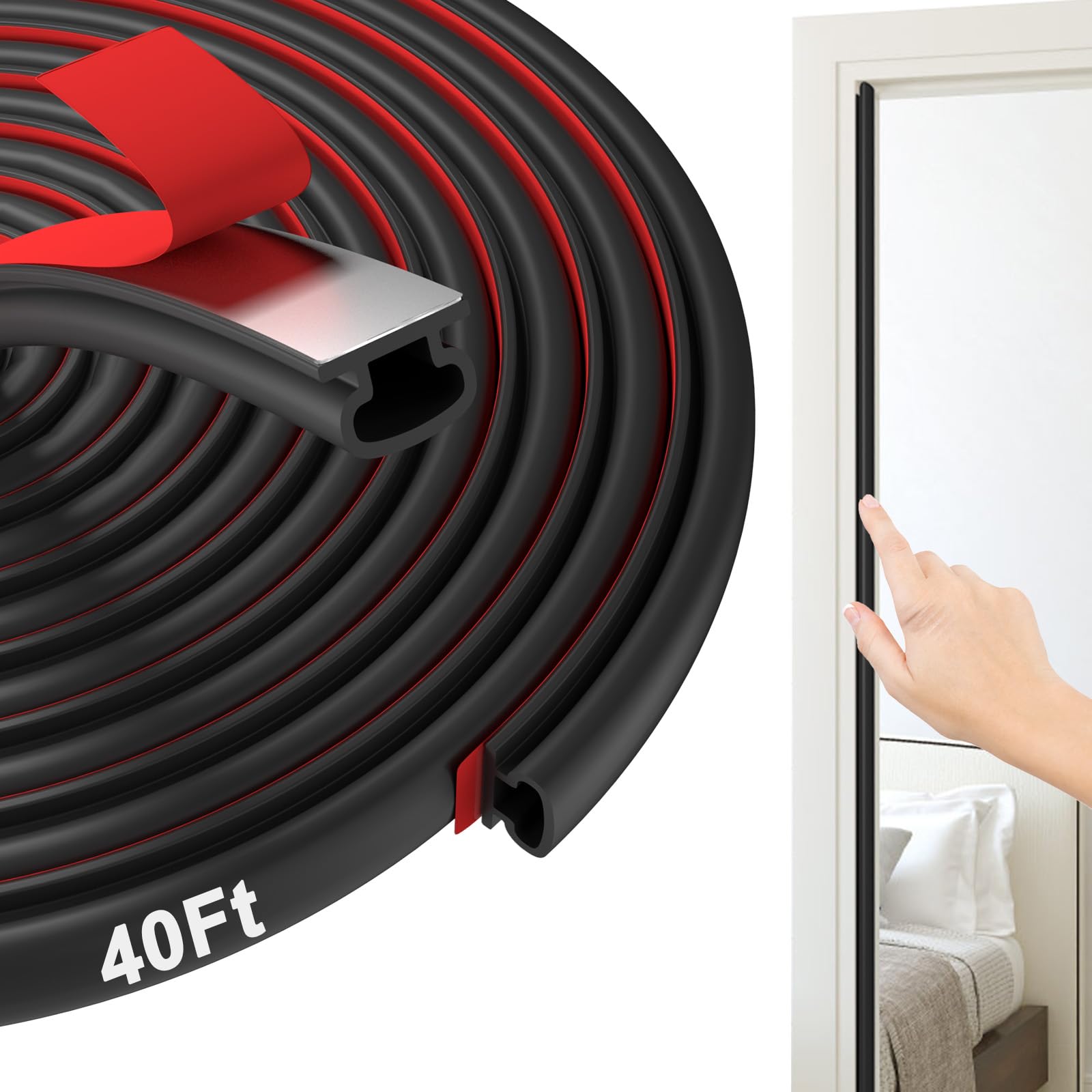 40 Ft Weather Stripping Door Seal - Rubber Door Seal Strip for Door Frame, Self Adhesive Doors Soundproofing Strip, D Shaped Weather Stripping for Doors Windows, Black (W×H: 0.35×0.24 in)