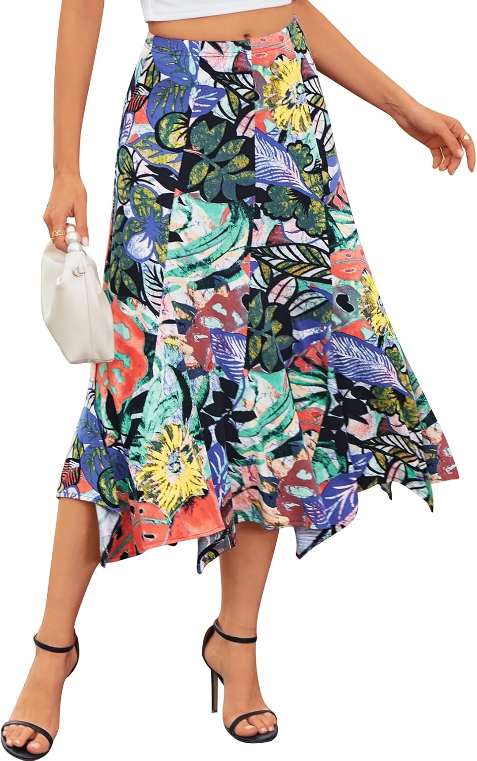 BAISHENGGT Womens Summer Casual Floral Flowy Skirts Elastic High Waisted Asymmetrical A-Line Draped Flared Midi Skirt
