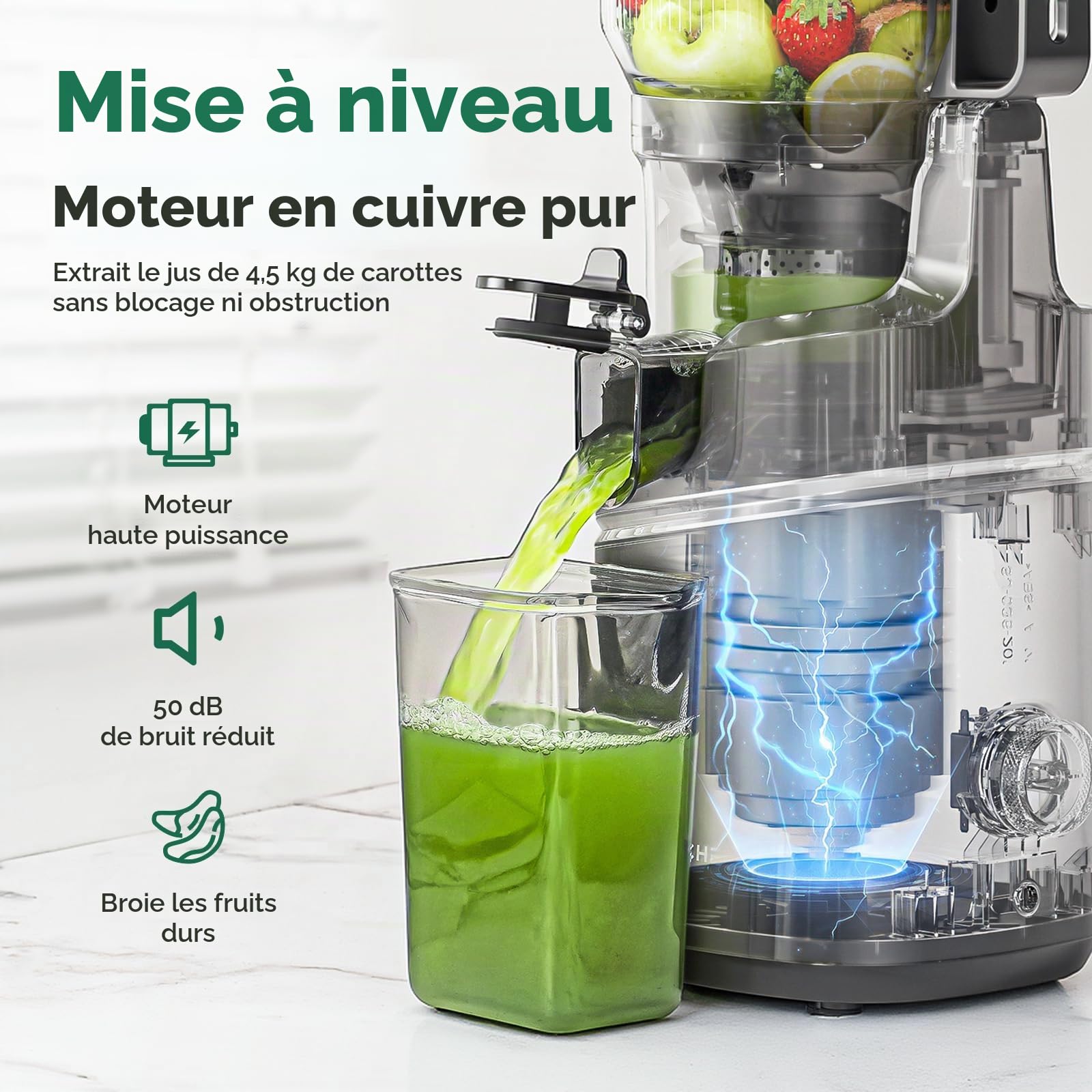 AMZCHEF Extracteur de jus automatique, grande ouverture de 150 mm | pour fruits et légumes entiers, réservoir de 2 L, moteur 250 W en cuivre pur, triple filtre, Gris