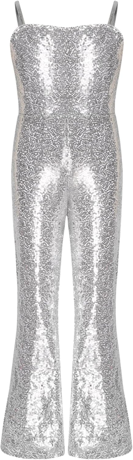 Kids Girls Shiny Sequins Bell Bottoms Dance Jumpsuit Halloween Carnival Party Movie Character Roleplay Dress Up