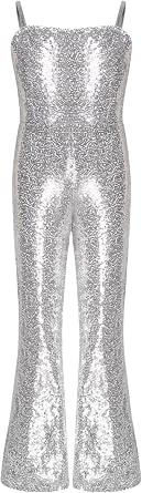 Kids Girls Shiny Sequins Bell Bottoms Dance Jumpsuit Halloween Carnival Party Movie Character Roleplay Dress Up