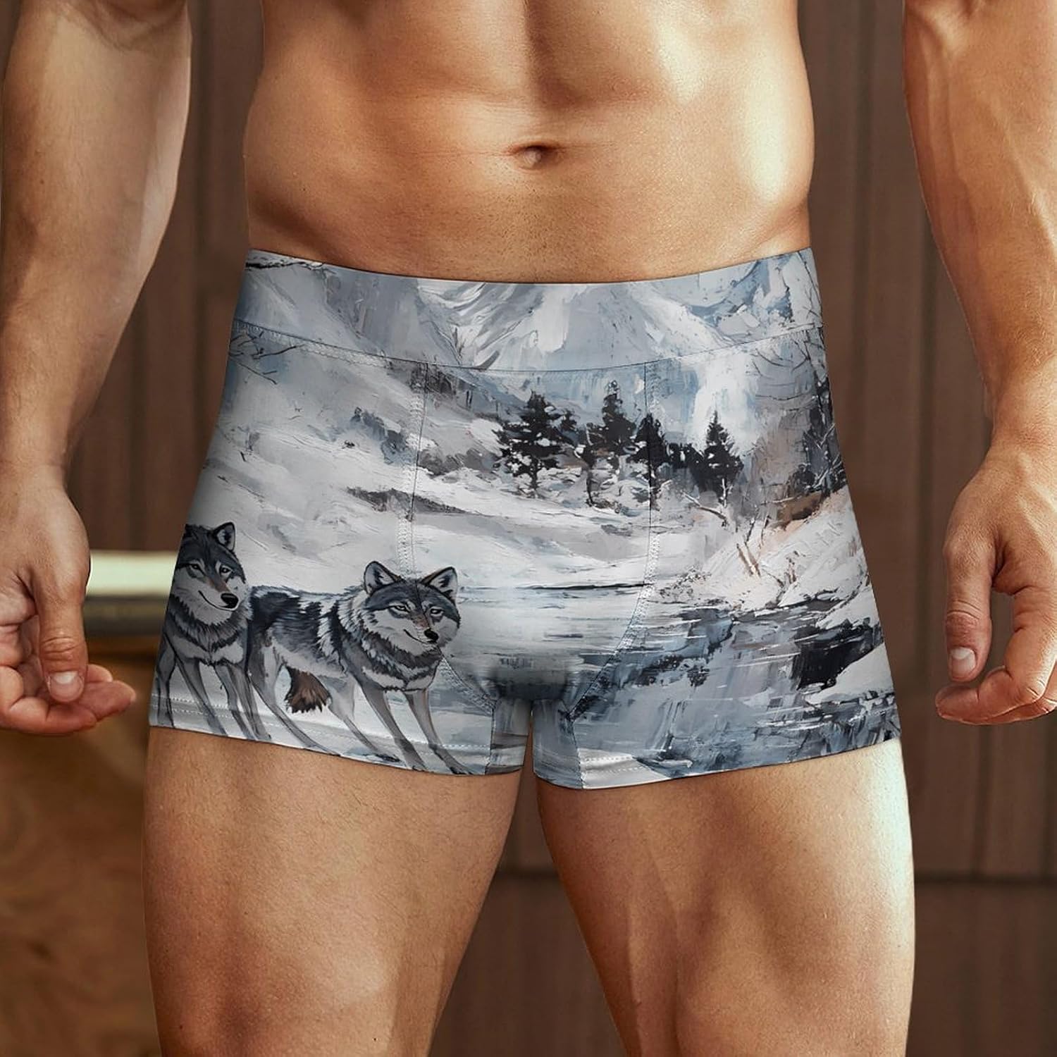 Wolf Wolves By The Stream Men's Underwear Boxers Briefs for Men Stretch Shorts