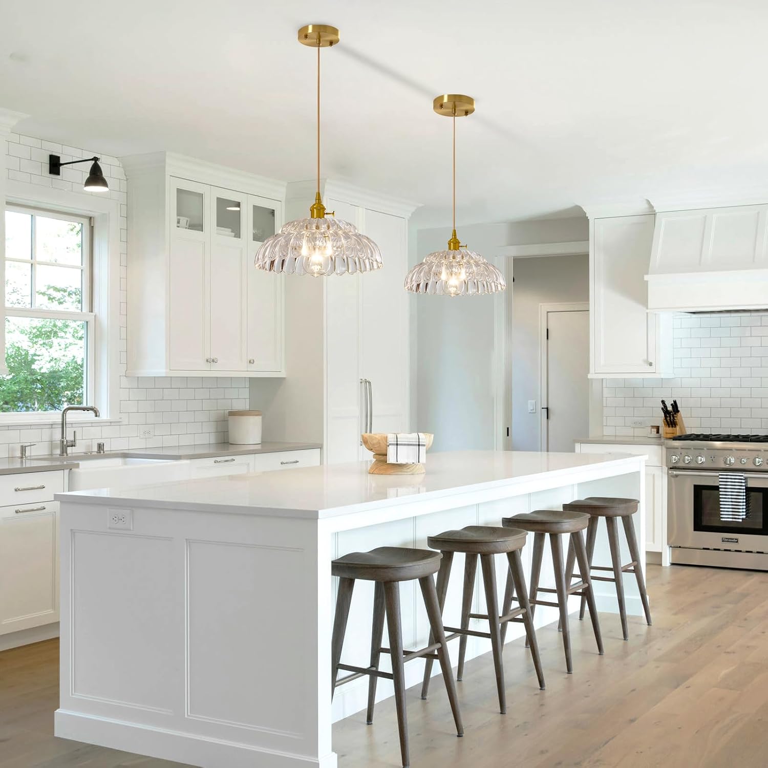 Clear Glass Pendant Light with Striped Shade, Adjustable Brass Vintage Hanging Light Fixture for Kitchen Island Sink Dining Room Ceiling Hallway Lighting