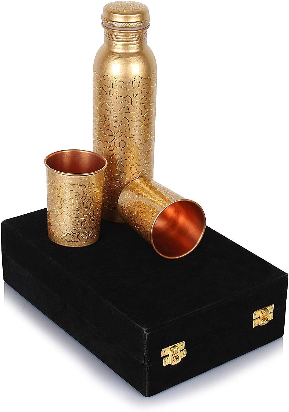 Trending Traditional Art Leak Proof Ayurveda Copper Bottle with Glass (1 L, Golden Glossy) Royal Gift Box (Design 16)