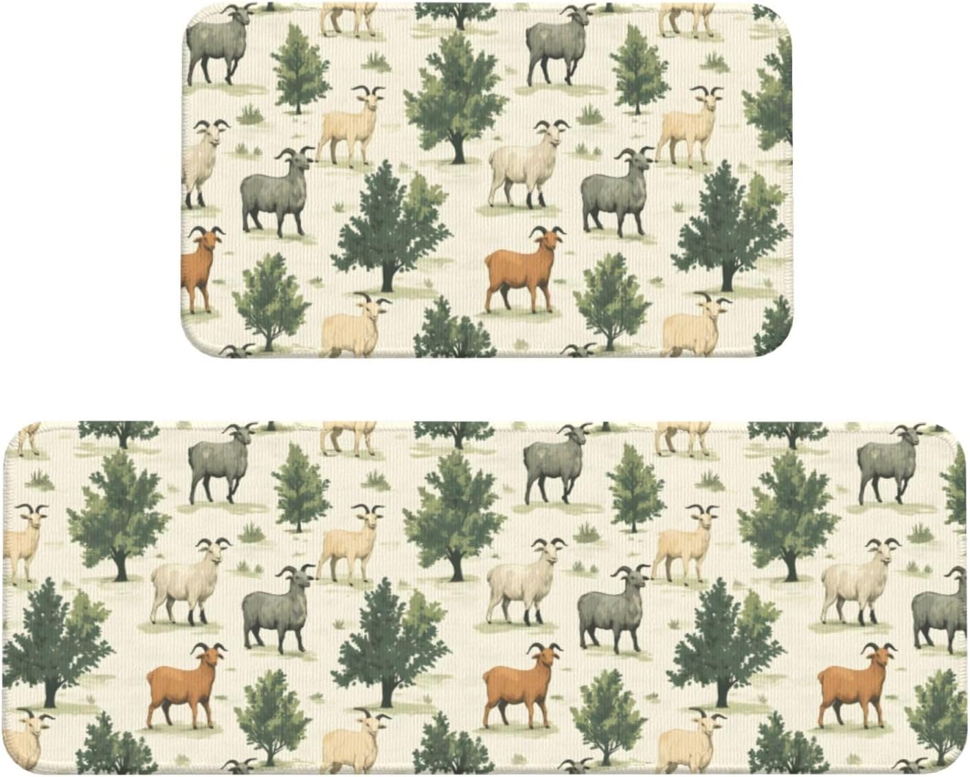 Goat Tree Print Kitchen Rugs Sets of 2 Non Slip Washable, Anti Fatigue Kitchen Mats for Floor, Home Decor