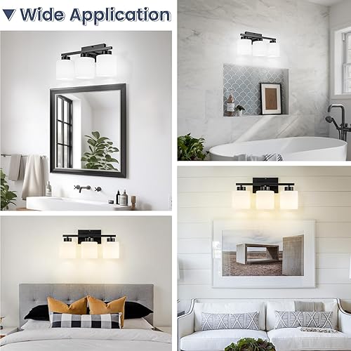 Miniatura 7 de Lámpara de tocador de baño de 3 luces, lámpara de baño negra, luces modernas para baño con pantallas de vidrio blanco lechoso, accesorios de