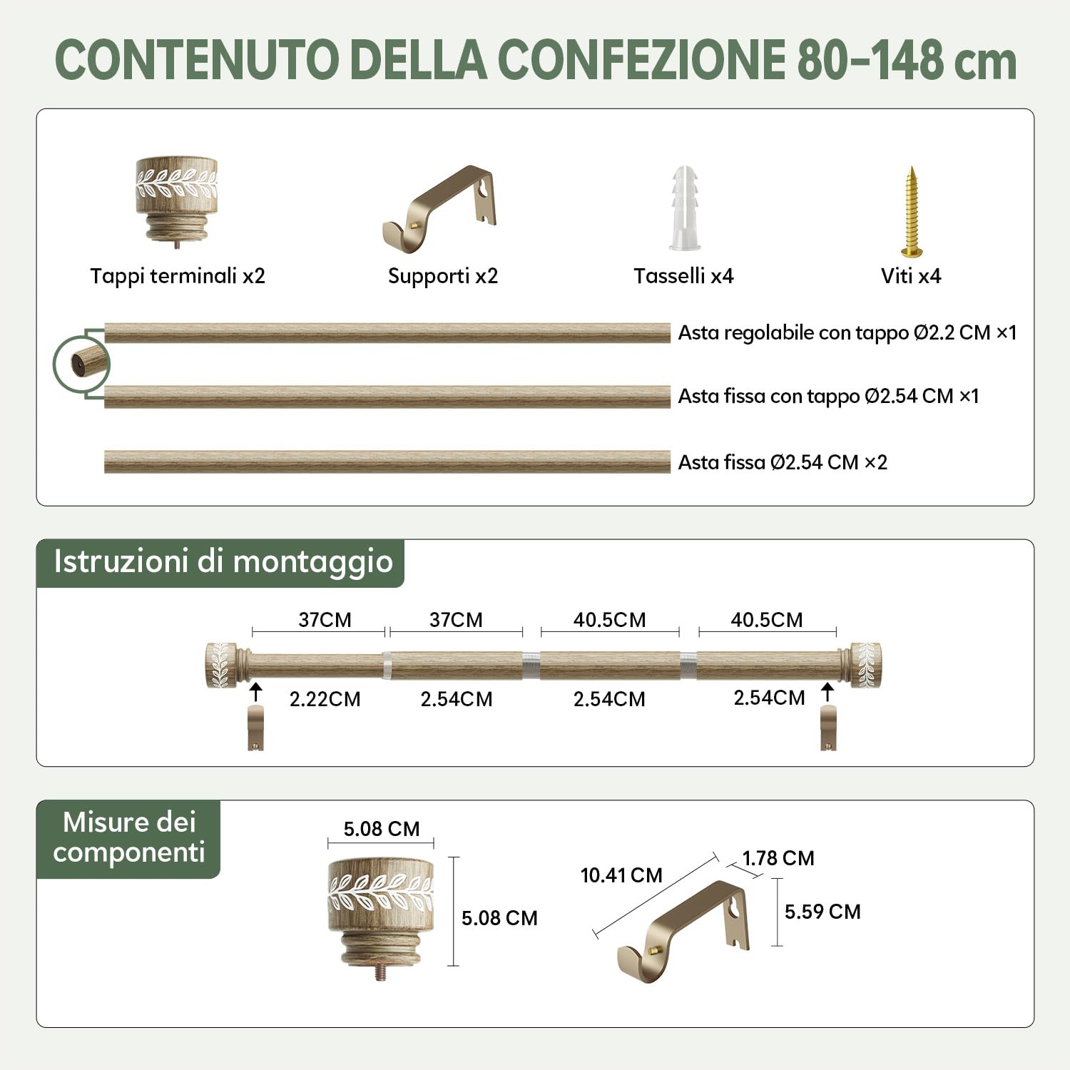 Asta Per Tende In Legno Chiaro Per Finestre Adatta Per Finestre 80‑148 Cm Asta Telescopica Montaggio A Parete Diametro 25 Mm Capacità Di Carico 15 Kg Per Soggiorno Camera Da Letto Giardino
