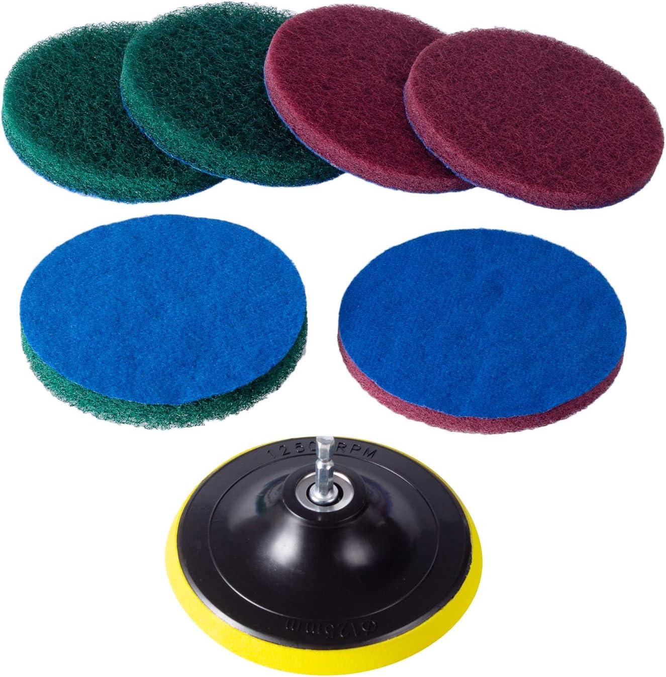 Kichwit 5 Inch Drill Powered Brush Tile Scrubber Scouring Pads, 2 Different Stiffness, 5-Inch Pad Holder with 6 Scrubbing Pads, Cleans Large Flat Areas Perfectly (Drill NOT Included)